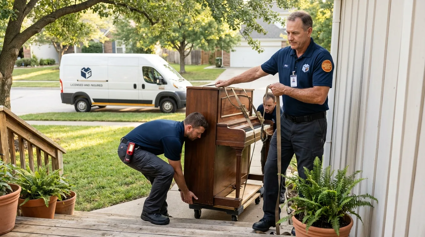 Licensed piano movers securing grand piano in Murrells Inlet, SC