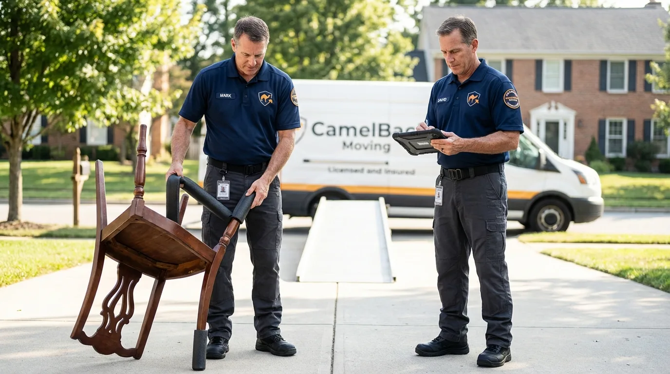 Movers inspecting furniture for damage prevention before loading in Murrells Inlet, SC