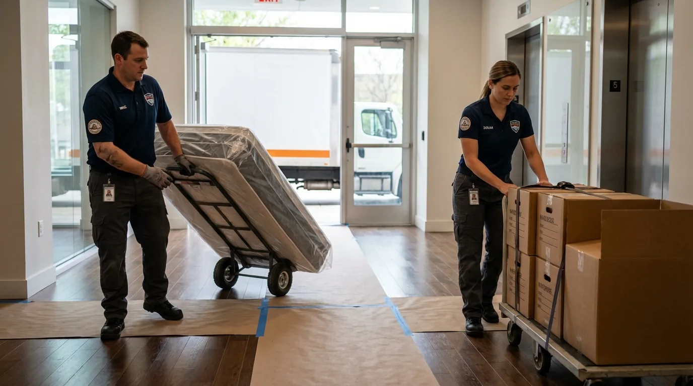 Professional apartment movers loading elevator in Murrells Inlet, SC
