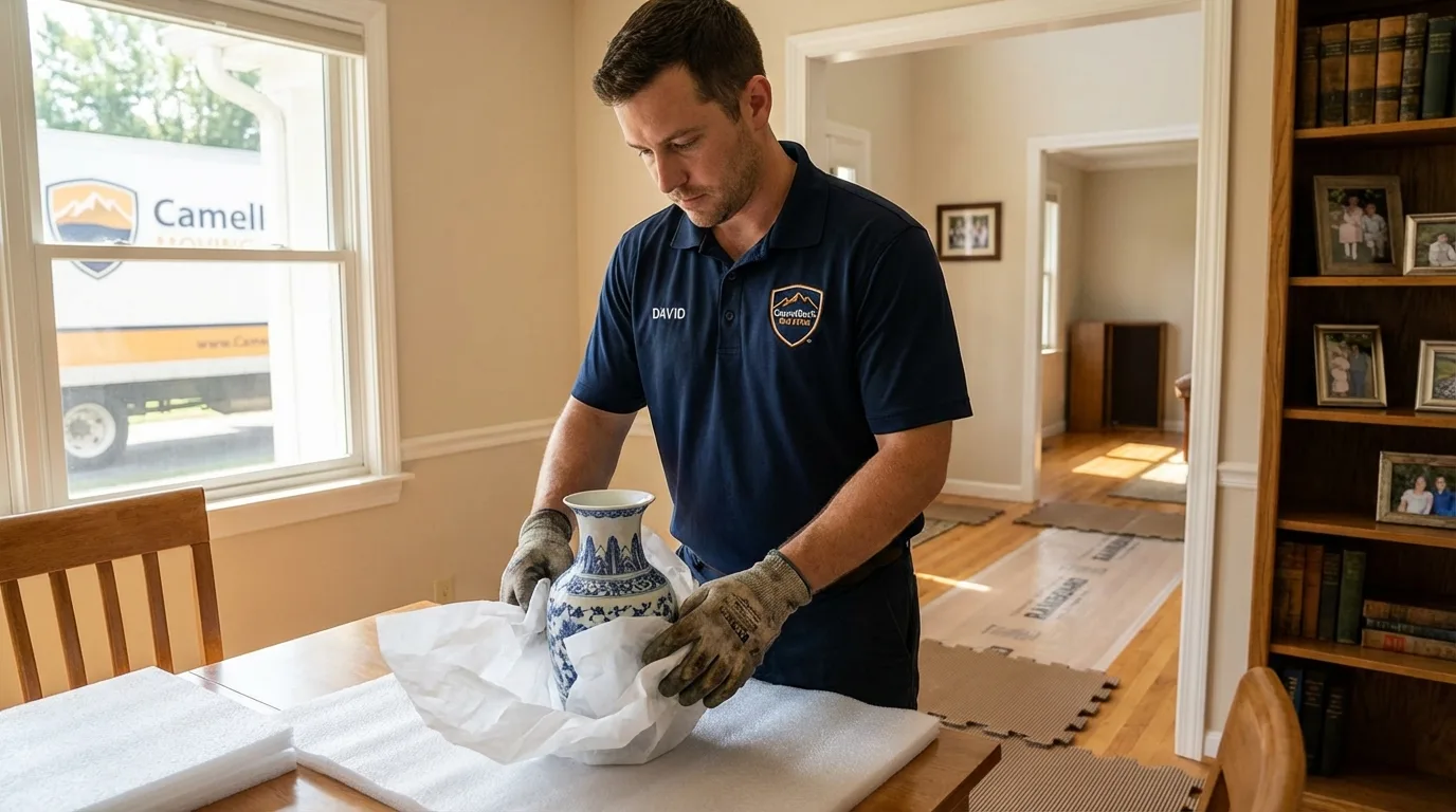 Professional crew carefully wrapping antique vase for senior downsizing move in Murrells Inlet, SC